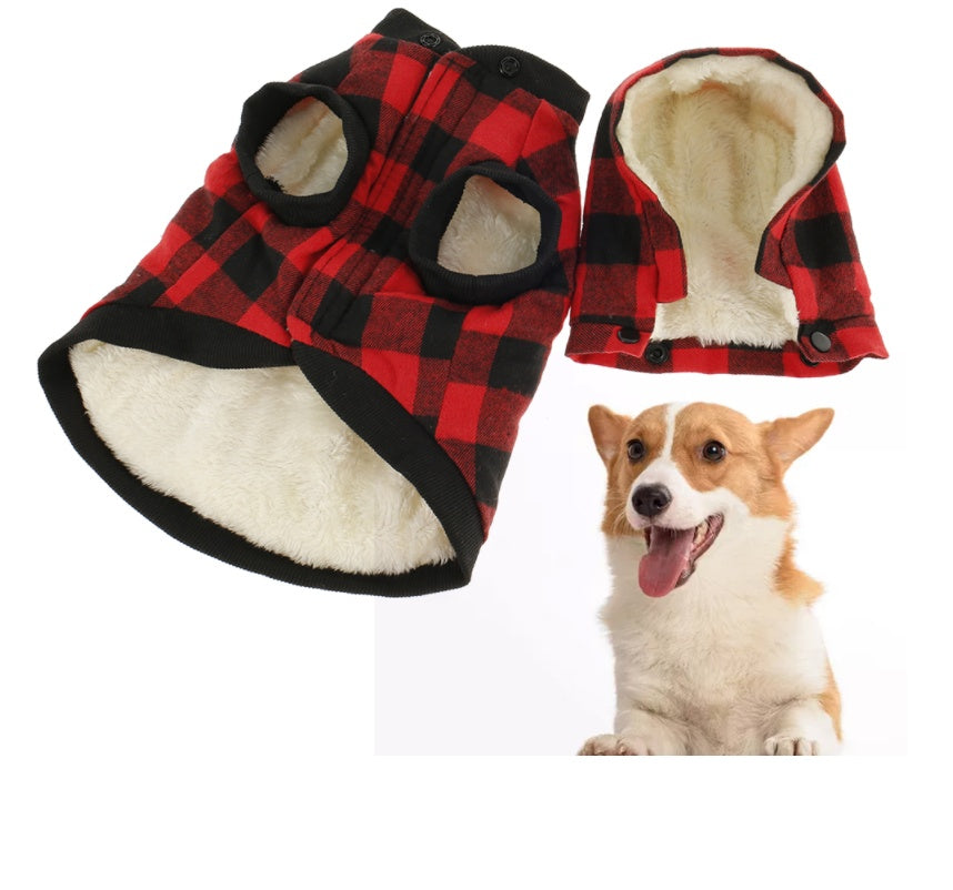 Autumn & Winter Plaid Pet Coat, Thickened Dog Clothing with Detachable Hat