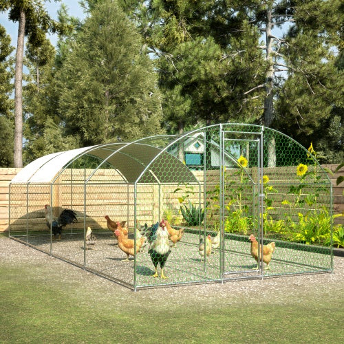 Maximal Security: Extra Large Metal Chicken Coop/Run ($\mathbf{26}$ ft Long) with Half-Roof and Waterproof Design (Silver).
