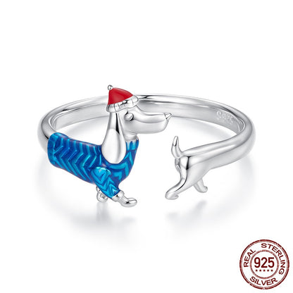 S925 Sterling Silver Christmas Sausage Dog Open Ring, Festive Women’s Adjustable Holiday Jewelry