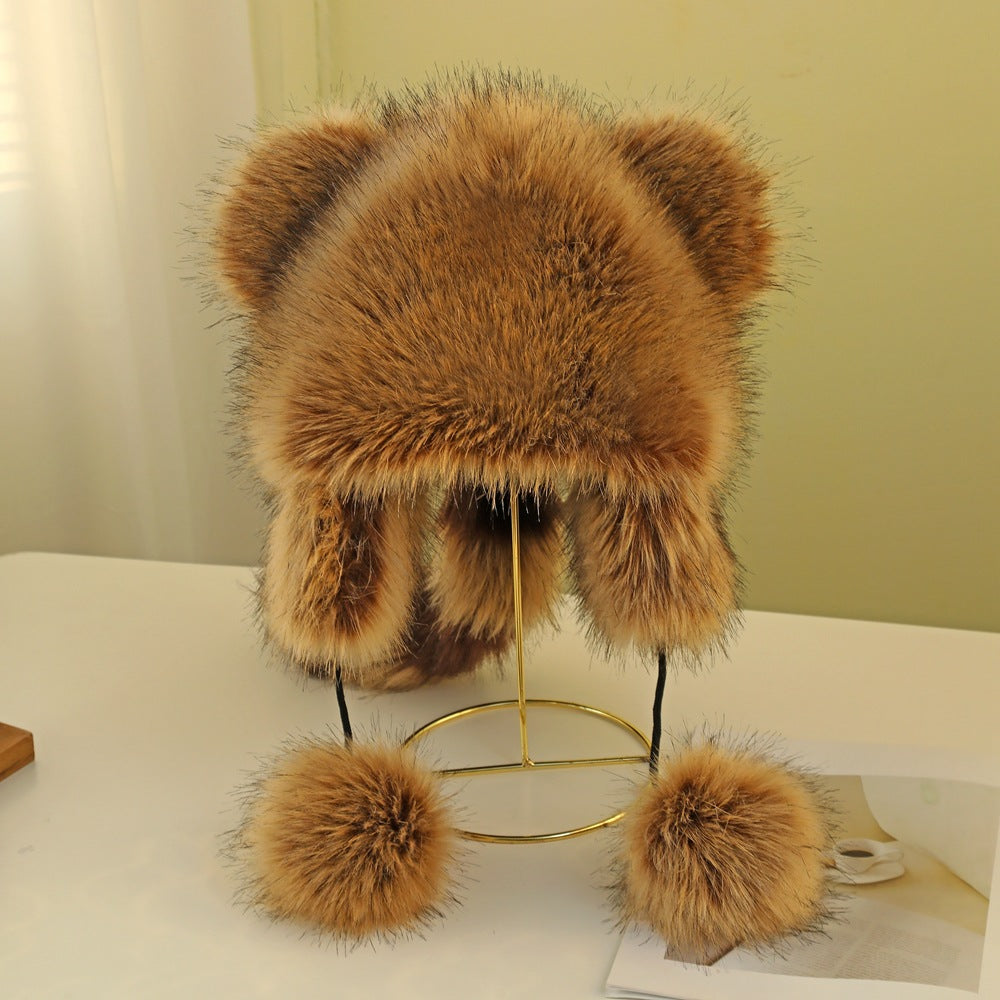 Winter Plush Raccoon Ear Protection Hat, Cute Imitation Fur Cat Ear Hat for Adults & Kids