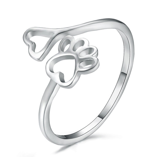 Dog Print Love Hollow Ring, Copper Pet-Themed Electroplated Fashion Jewelry
