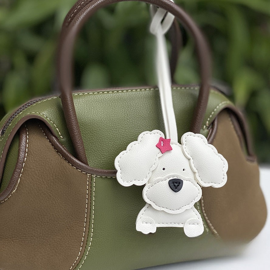 Curly Dog Keychain, PU Leather Pendant Charm (Half-Handmade)