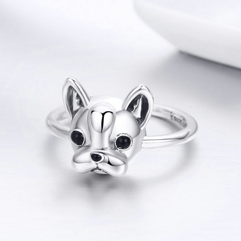 S925 Sterling Silver “Loyal Partner” French Dog Ring, Fashion Animal Jewelry for Women (SCR261)