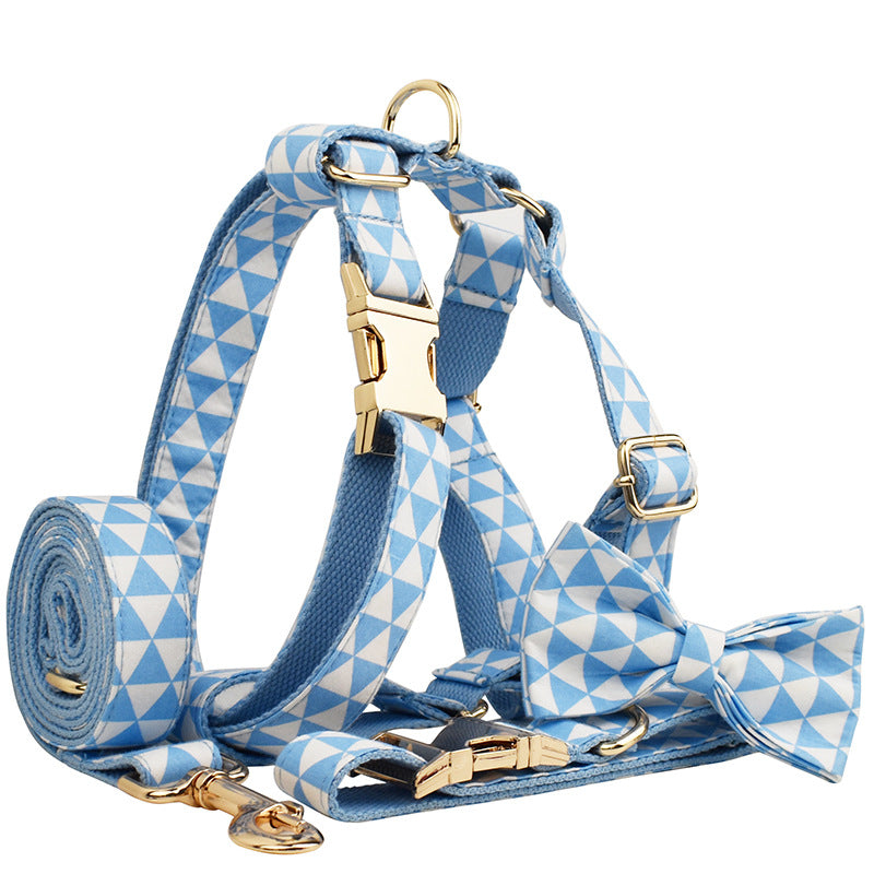 Blue Triangular Ring Rope Bow Vest Set, 4-Piece Matching Pet Dog Collar, Leash, Bow & Vest (XS–XL)