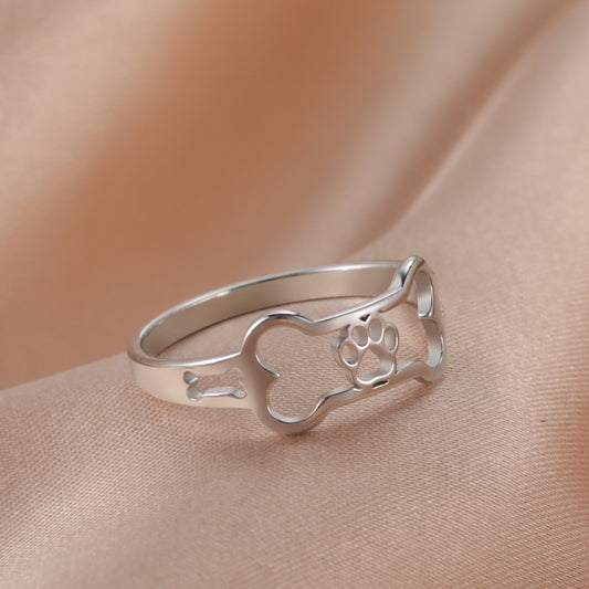 Fashion Bone Animal Dog Footprint Ring, Stainless Steel Women’s Pet-Themed Jewelry