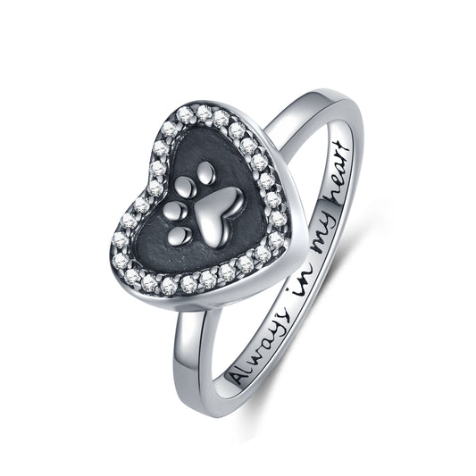 S925 Sterling Silver Heart Urn Cremation Ring, Dog & Cat Paw Keepsake Memorial Jewelry