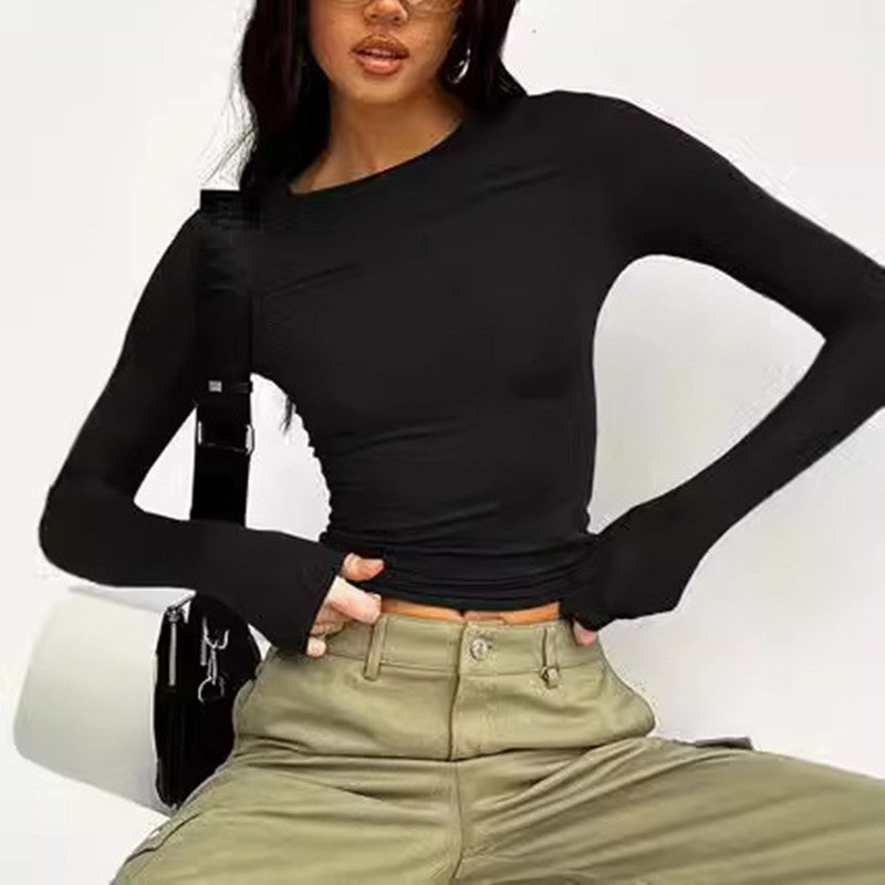 Women’s Long Sleeve Round Neck Crop Top – Ultra Short Pullover T-Shirt