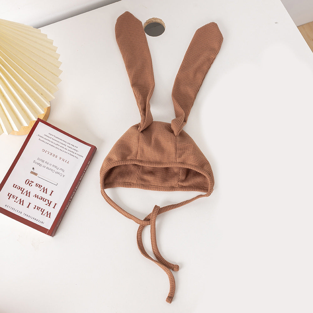 Children’s Fashion Waffle Bunny Ears Hat, Soft Solid-Color Polyester Cap