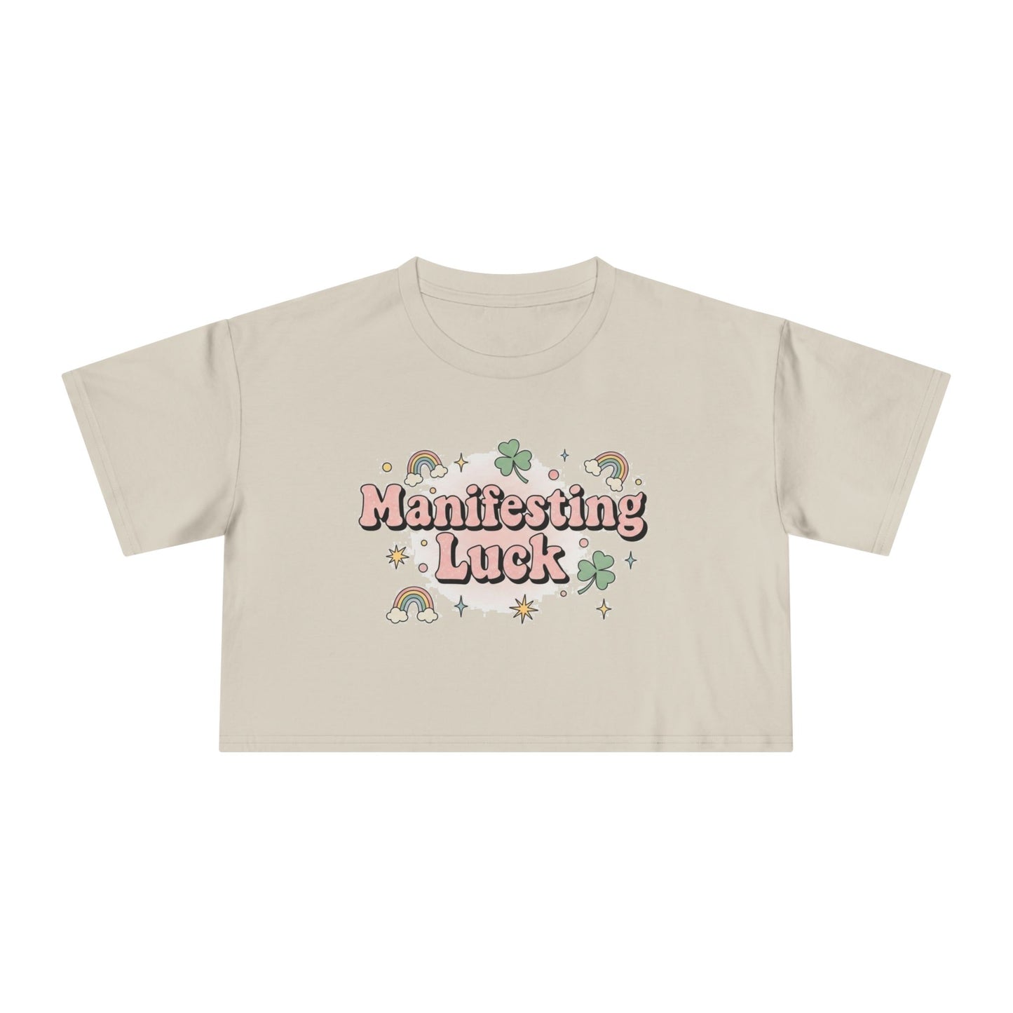 Manifesting Luck Crop Tee - Cute St. Patrick’s Day Clover & Rainbow Women's Top