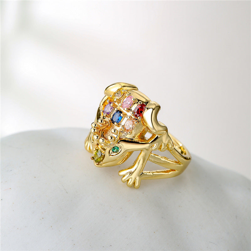 Adjustable Sparkle: Copper Micropaved Zircon Frog Geometric Ring.