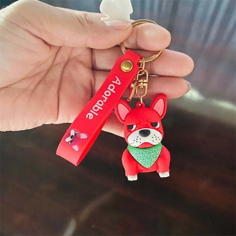 Cartoon French Fighting Dog Car Keychain, Silicone & Metal Pendant for Bags & Keys