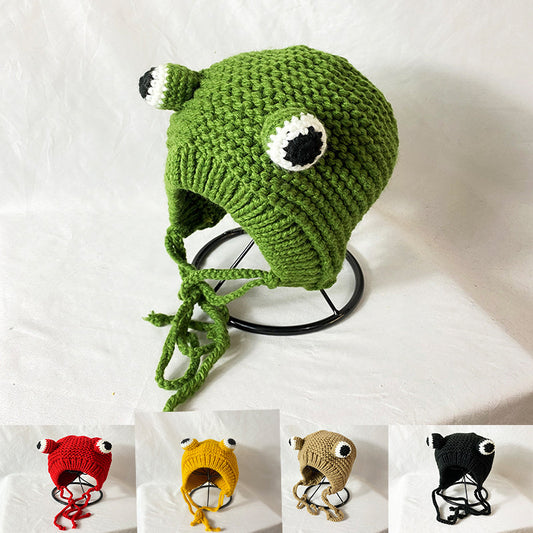 Cozy Protection: Cute Frog Big Eyes Knitted Wool Hat with Earflaps (Adjustable, $\mathbf{53-59\text{cm}}$).