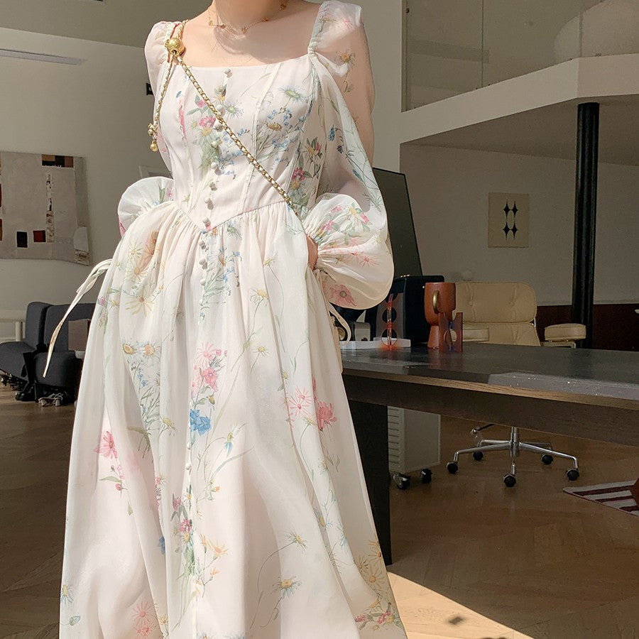 “Flower Rain in the Forest” Organza Long-Sleeve Dress