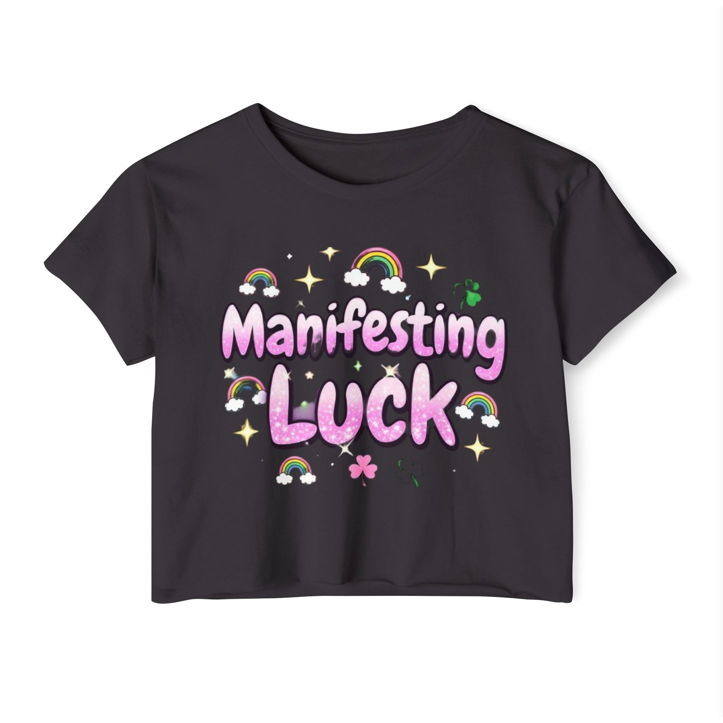 Crop Top  "Manifesting Luck" Cute Festival Crop Top with Rainbows & Shamrocks