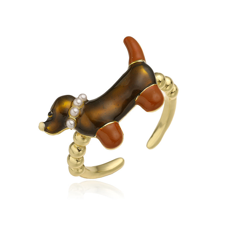 European & American Colorful Drip-Oil Sausage Dog Ring, INS Style Open Copper Ring for Women