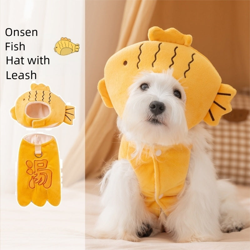 Autumn & Winter Onsen Fish Pet Costume, Funny Hat & Vest Cotton-Padded Suit for Dogs