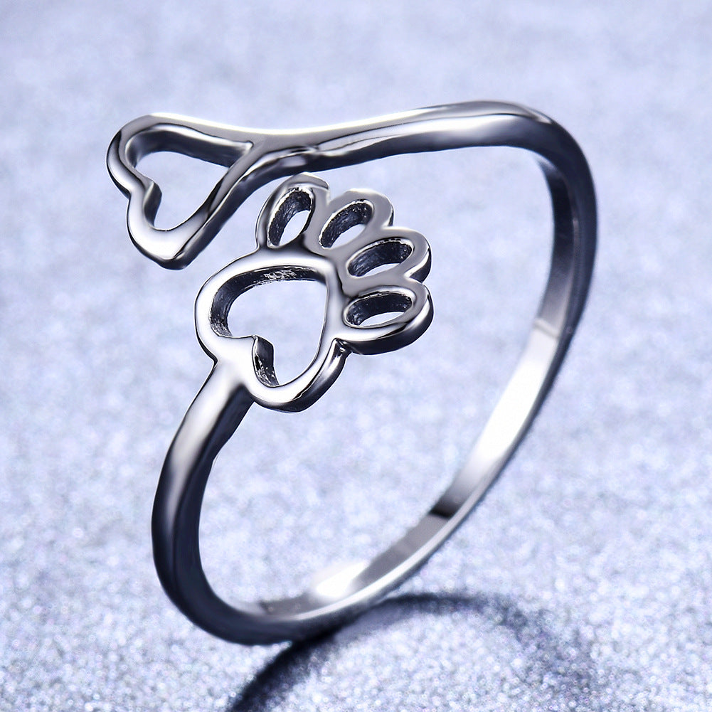 Dog Print Love Hollow Ring, Copper Pet-Themed Electroplated Fashion Jewelry