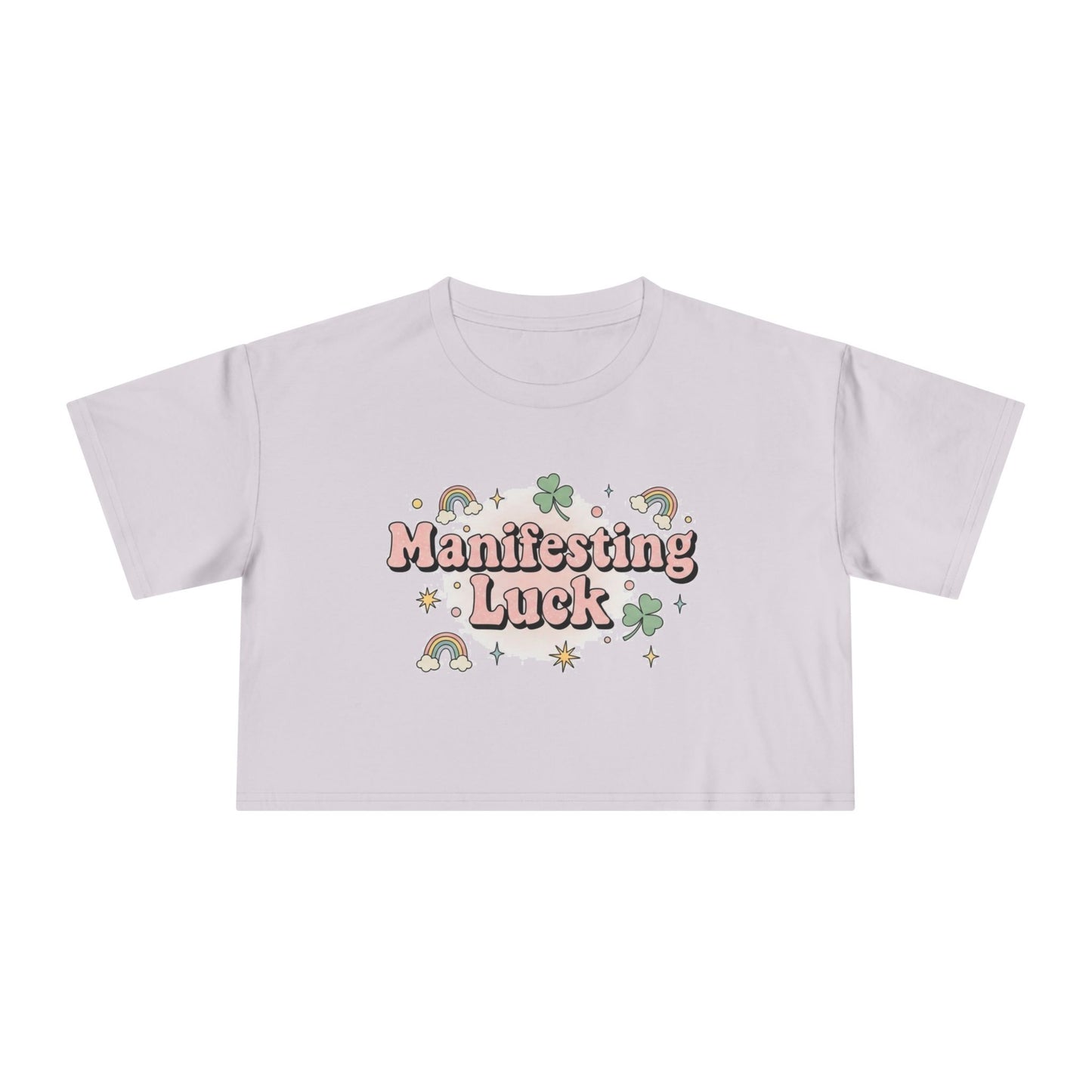 Manifesting Luck Crop Tee - Cute St. Patrick’s Day Clover & Rainbow Women's Top