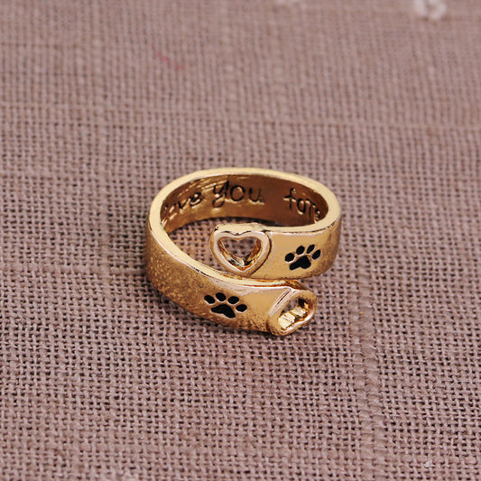 Love Dog Paw Hollow Ring, Women’s Electroplated Metal Ring with Gem Inlay (Silver & Gold)