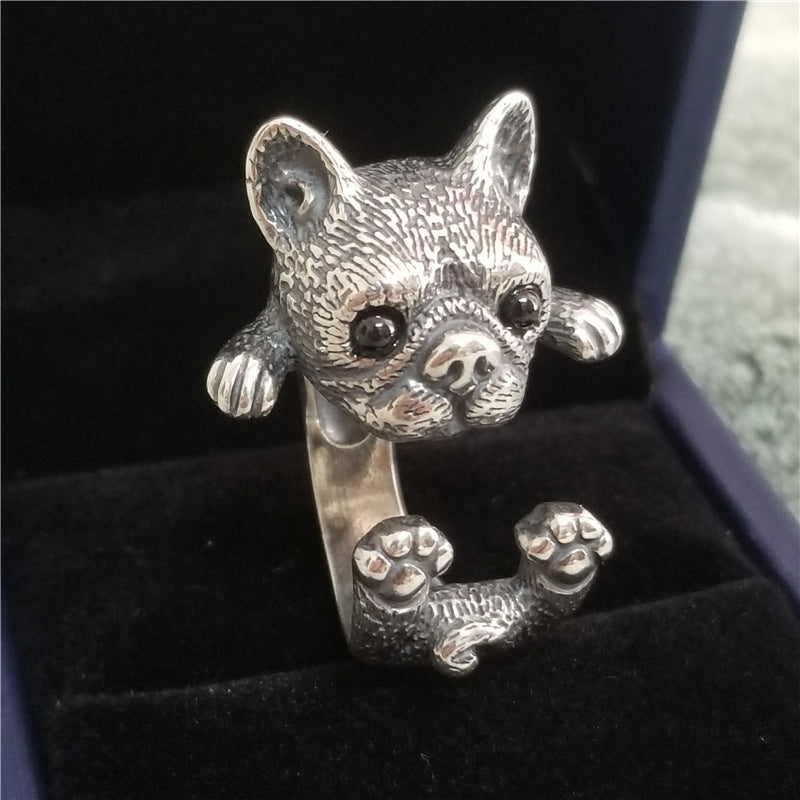 Dog Shaped Ring, Retro Alloy Animal Ring with Precious Stone Inlay