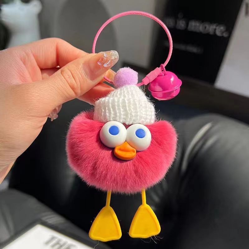 Soft & Stylish: Cute Imitate Rex Rabbit Fur Little Duck Car Key Ring Pendant.