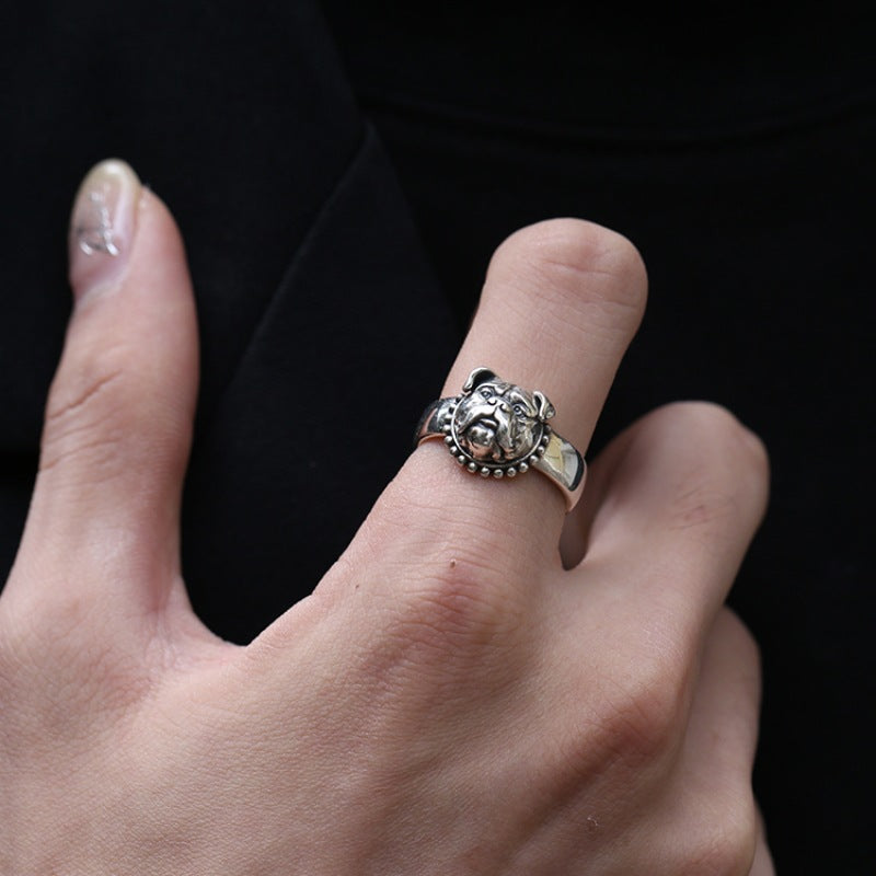 Thai Silver Retro Dog Ring, Adjustable English Bulldog Personality Jewelry (Unisex)