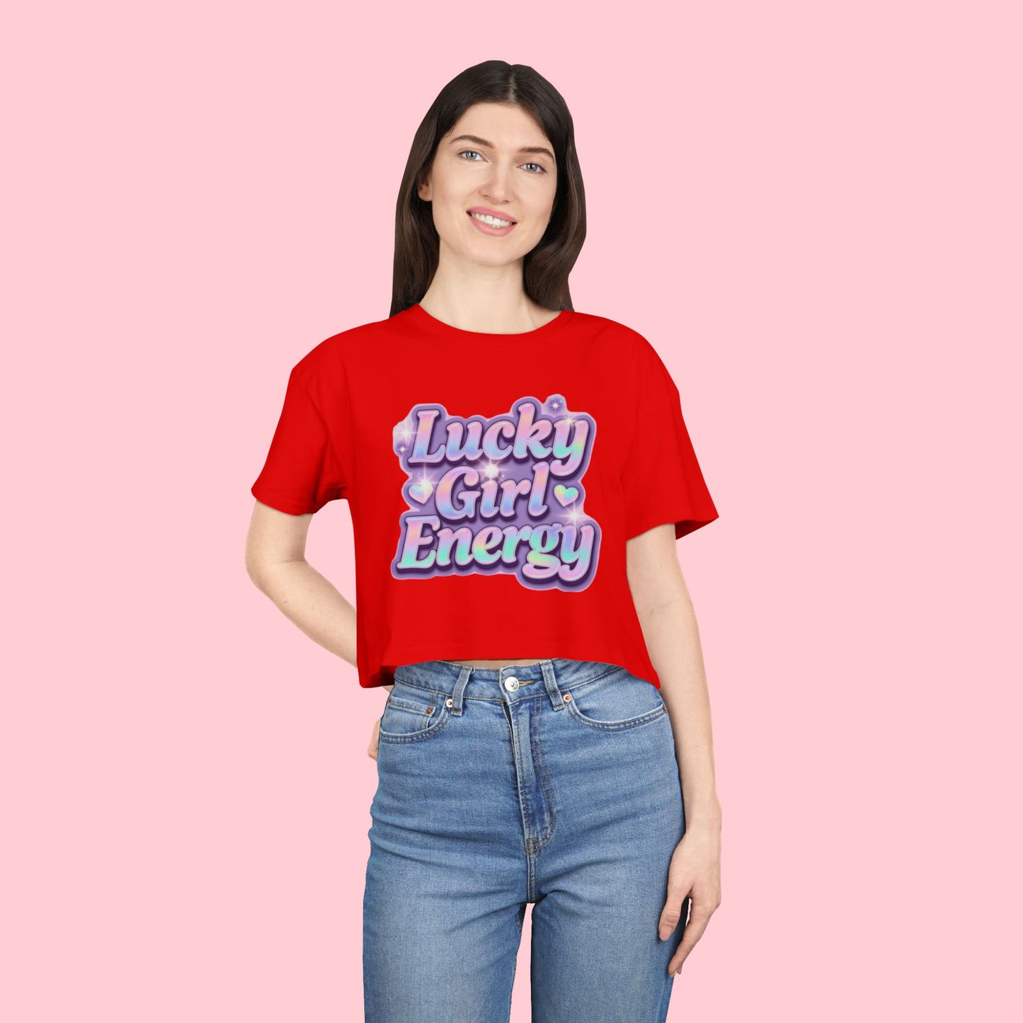 Lucky Girl Energy Crop Tee - Pastel Retro Graphic Women’s Top