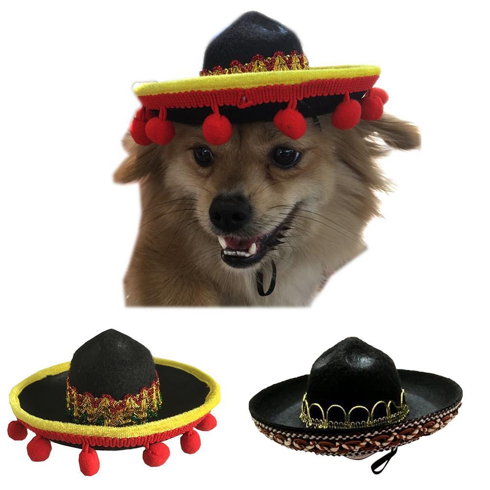 Mexican-Style Pet Hat, Festive Dog & Cat Sombrero (Red Ball / Brown Lace)