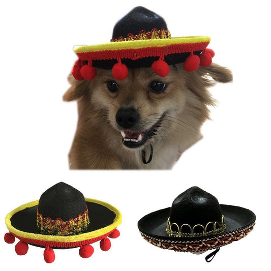 Mexican-Style Pet Hat, Festive Dog & Cat Sombrero (Red Ball / Brown Lace)
