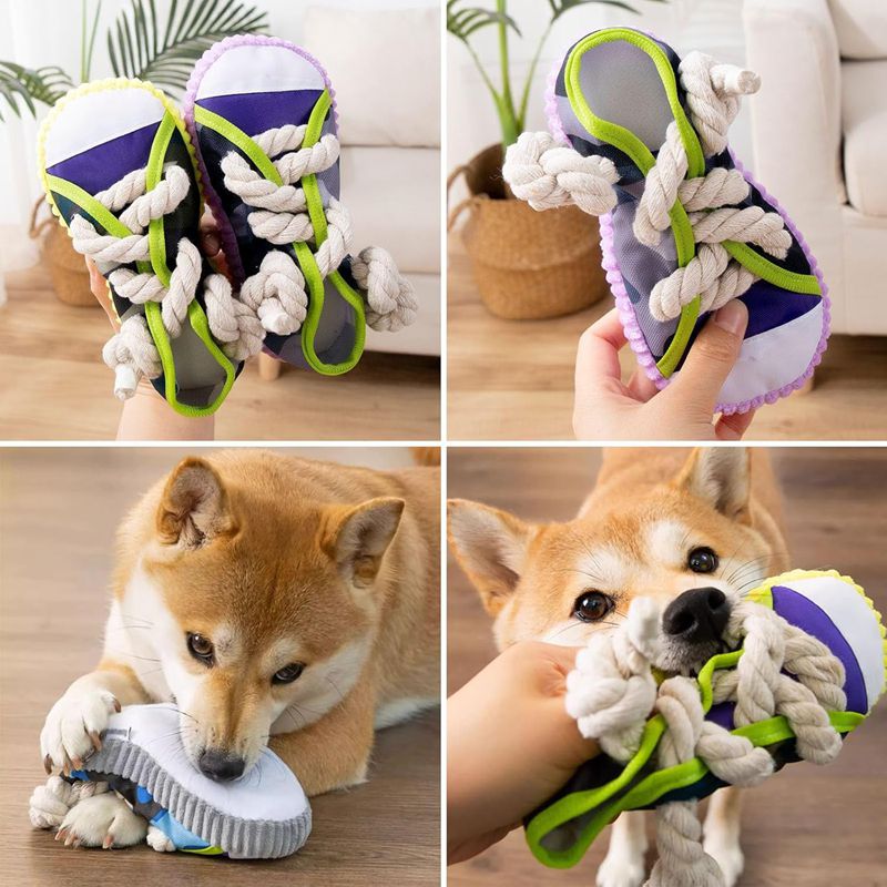 Dog Toys Shoes, Pet Cotton Rope Slippers with Sound, Teeth Cleaning & Built-in BB Airbag Ball