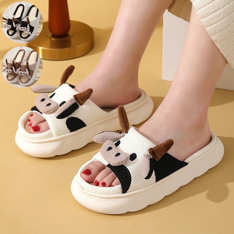 Farm Fun & Comfort: Cute Cartoon Cow and Frog Linen Non-slip Indoor Garden Slippers.