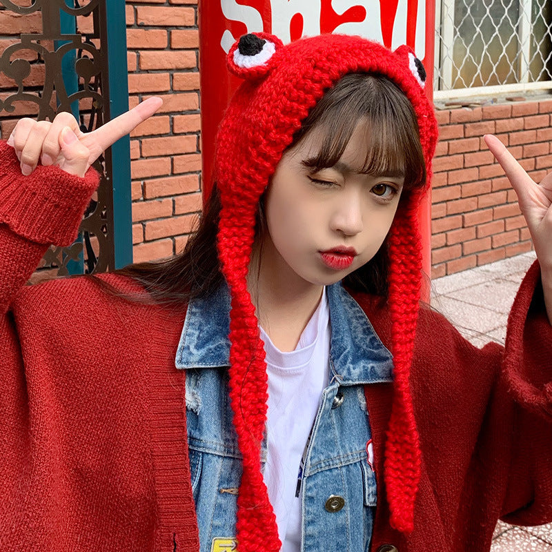 Sweet & Warm: Women's Big Eyes Cartoon Frog Knitted Hat for Shopping and Travel.