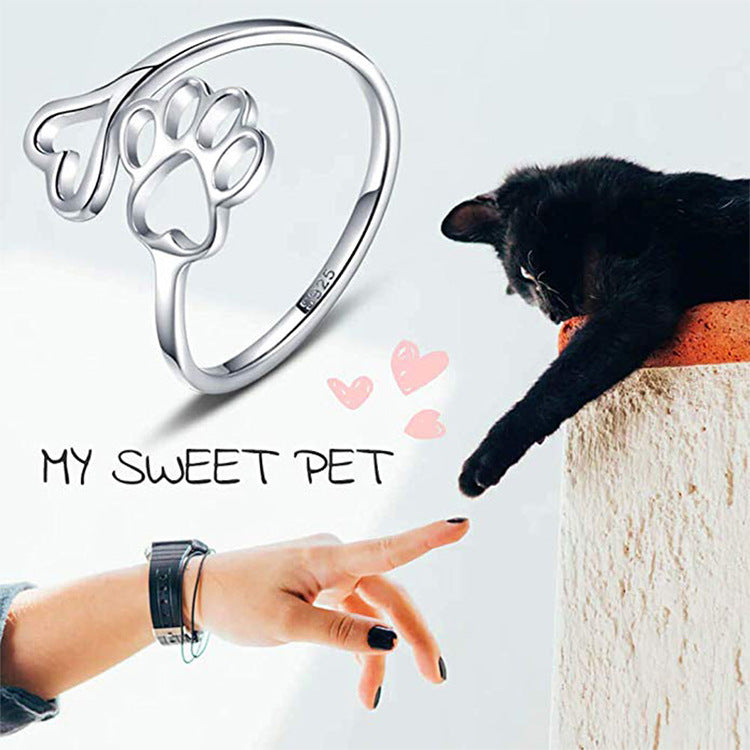 Dog Print Love Hollow Ring, Copper Pet-Themed Electroplated Fashion Jewelry