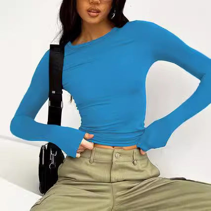 Women’s Long Sleeve Round Neck Crop Top – Ultra Short Pullover T-Shirt