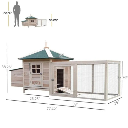Wooden Chicken Coop – Pine Wood Hen House with Run, Nesting Box & Weather-Resistant Roof