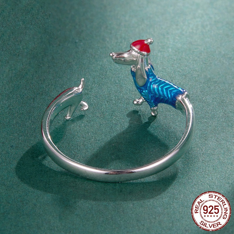 S925 Sterling Silver Christmas Sausage Dog Open Ring, Festive Women’s Adjustable Holiday Jewelry