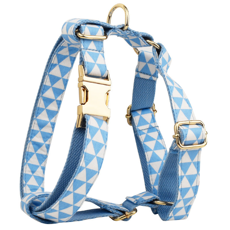 Blue Triangular Ring Rope Bow Vest Set, 4-Piece Matching Pet Dog Collar, Leash, Bow & Vest (XS–XL)