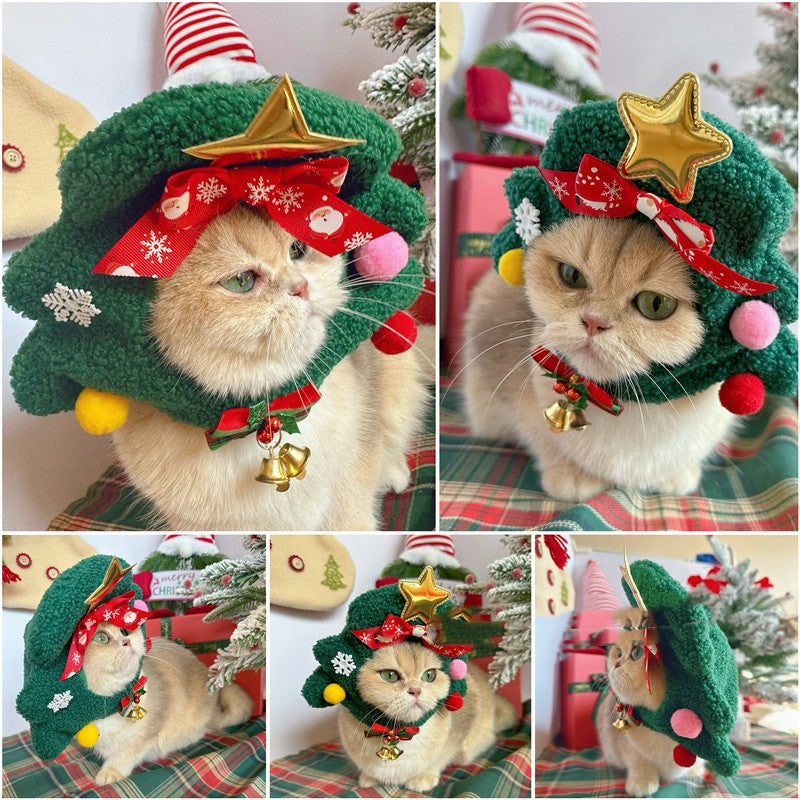 Pet Christmas Tree Hood, Plush Holiday Headgear Hat for Cats & Dogs
