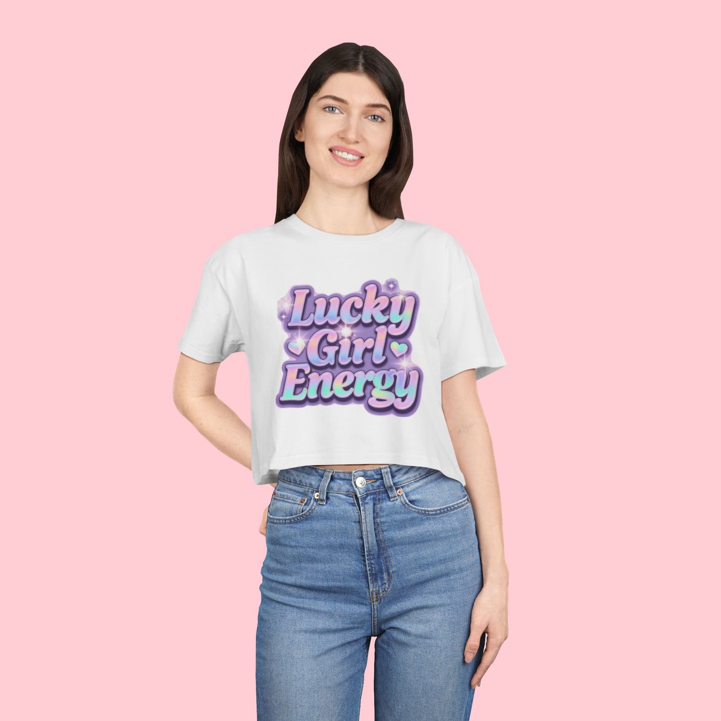 Lucky Girl Energy Crop Tee - Pastel Retro Graphic Women’s Top
