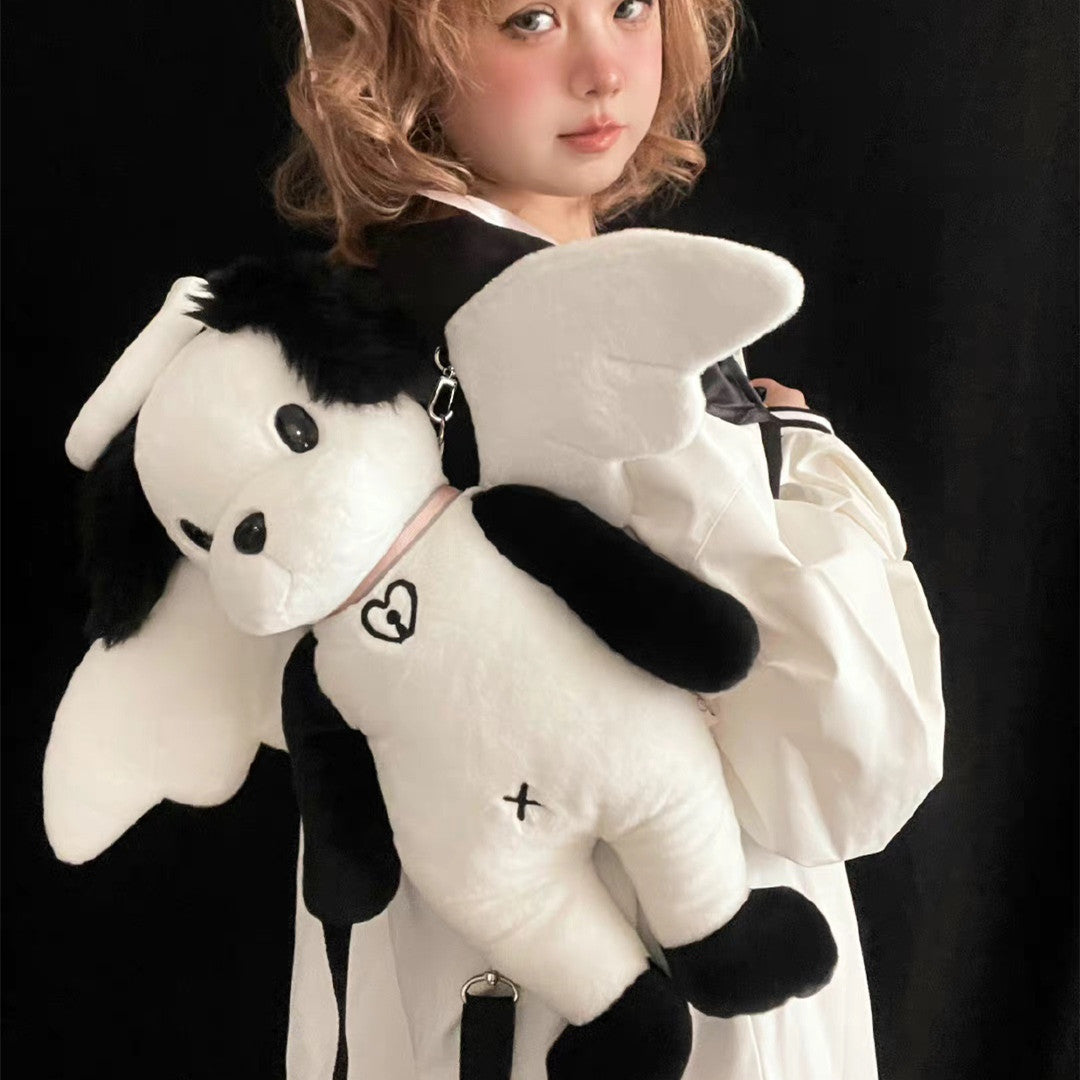 Heavenly Hugs: Angel Dog Plush Doll Backpack (Soft Imitation Rabbit Hair, Zipper Closure).