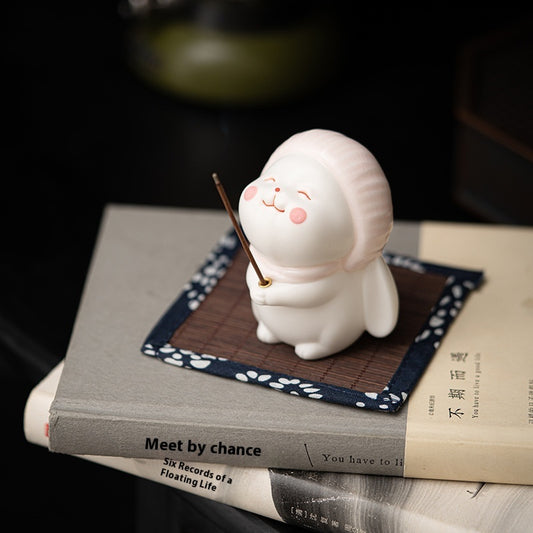 Ceramic Bunny Incense Base, Hand-Painted Desktop Ornament & Incense Holder