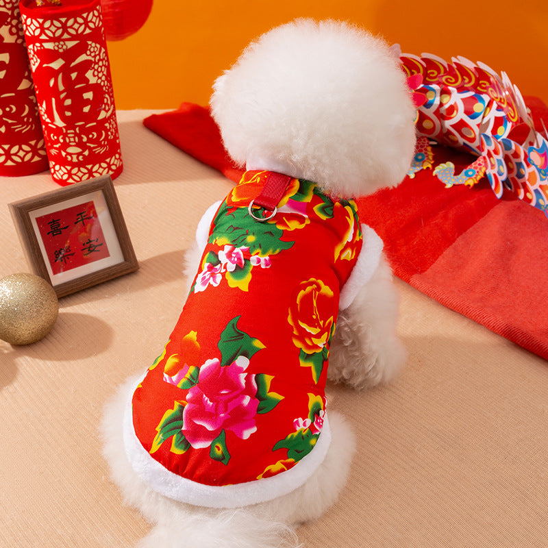 Winter Warm Dog Vest with D-Ring, Plush-Lined Floral Dog Jacket (Chinese Folk Style)