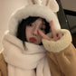 White Bunny Ears Hat & Scarf All-in-One, Winter Shu Cotton Velvet Three-Piece Set