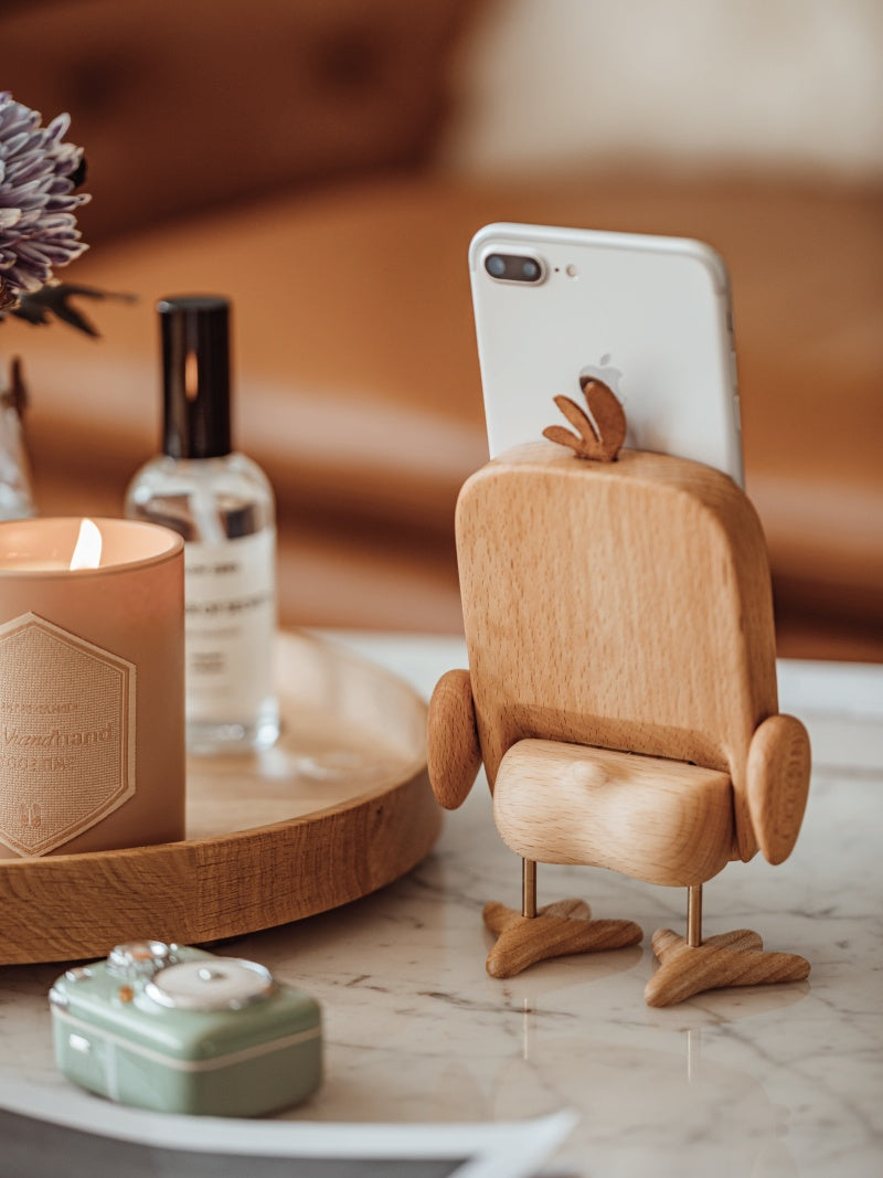 Quirky Perch: Big Face Duck Creative Wooden Mobile Phone Stand (Beech or Walnut).