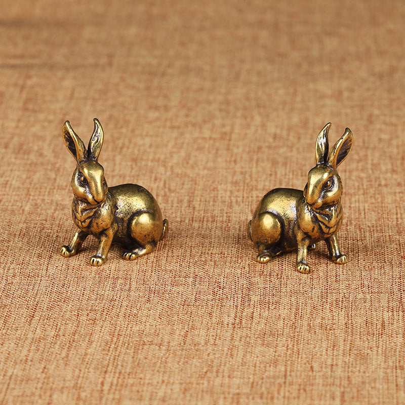 Antique Bronze Miniature Brass Bunny, Retro Zodiac Copper Ornaments (Pair)