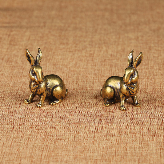 Antique Bronze Miniature Brass Bunny, Retro Zodiac Copper Ornaments (Pair)