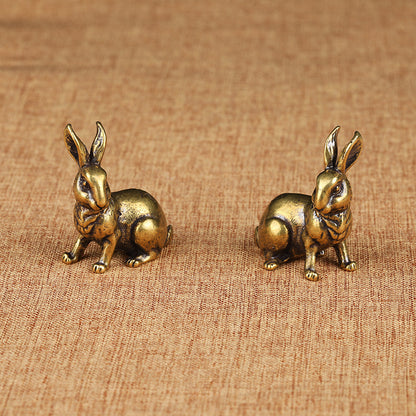 Antique Bronze Miniature Brass Bunny, Retro Zodiac Copper Ornaments (Pair)