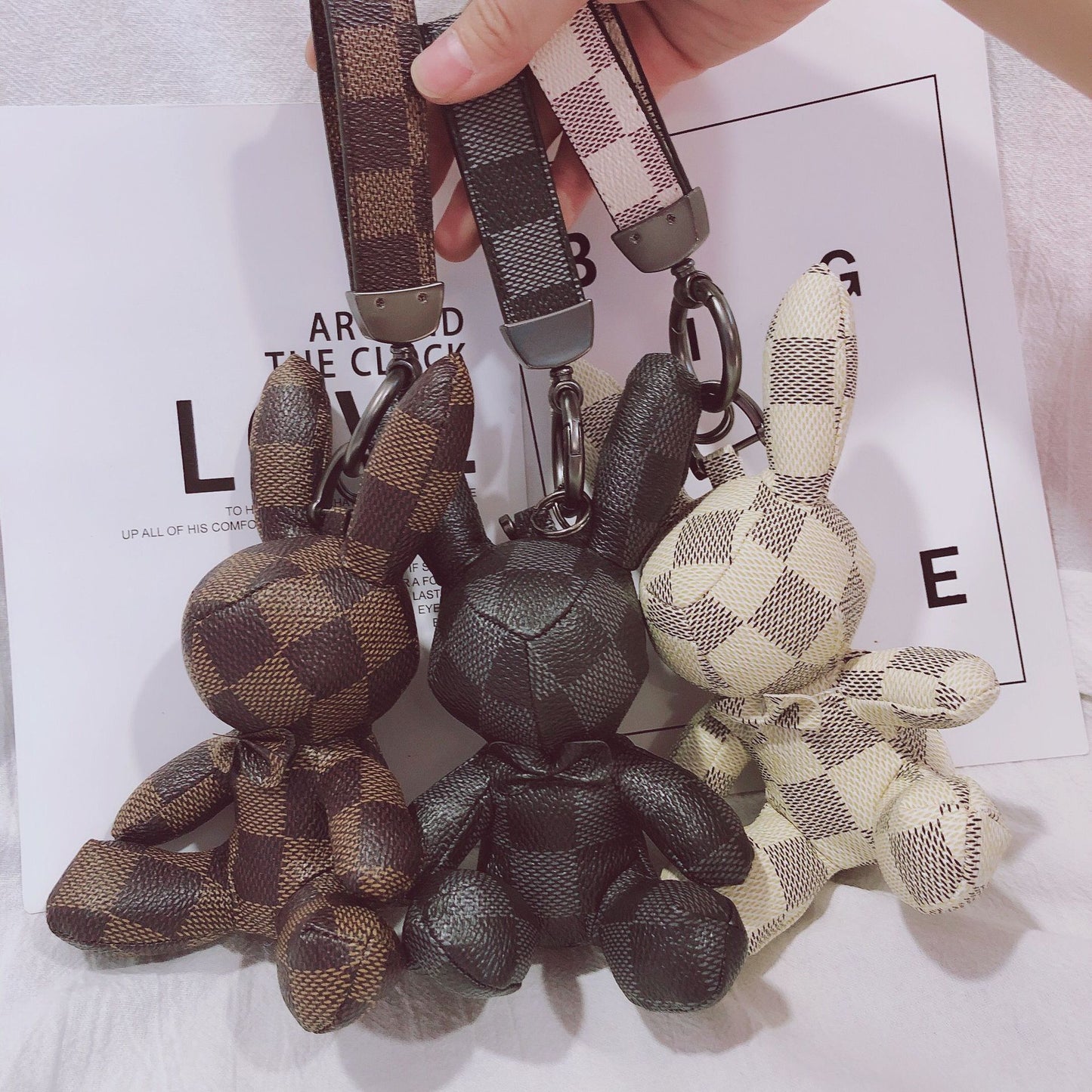 Creative Fashion Leather Bunny Keychain, Plaid Car Pendant Accessory