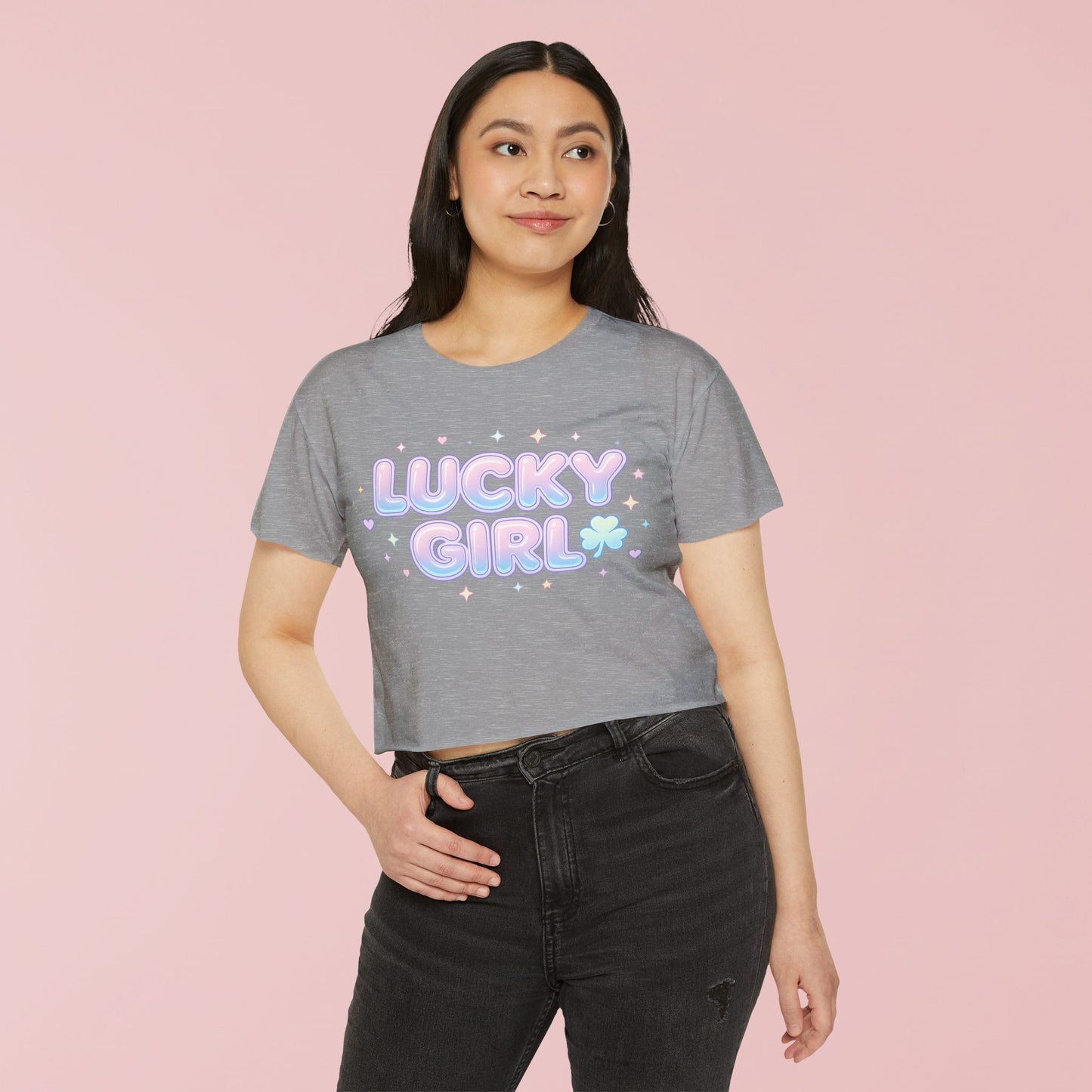 Lucky Girl Crop Top - Pastel Festival Graphic Tee for Women