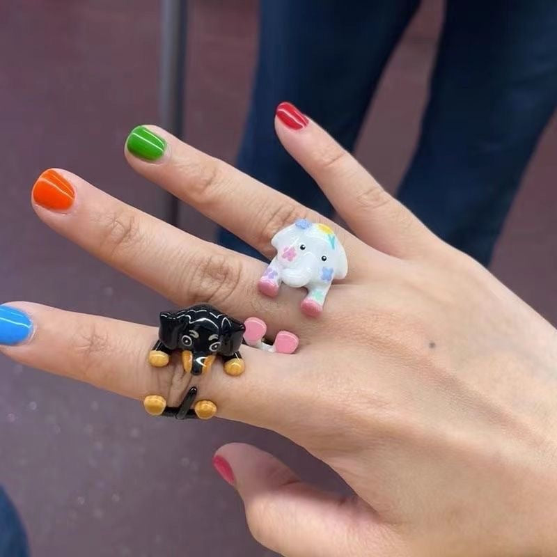 Cartoon Sausage Dog Unique Ring, Funny & Cute Adjustable Alloy Ring for Women and Couples
